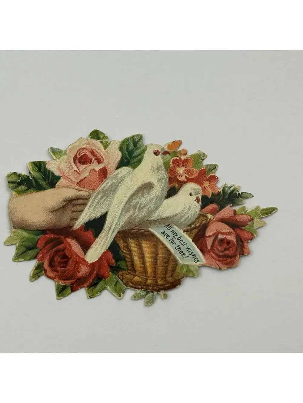 Antique Victorian Hidden Name Calling Card Die-Cut Roses Doves Hand 1890s F2